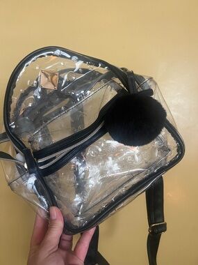 Clear Black-Trim Mini Backpack with Pom Pom love motif